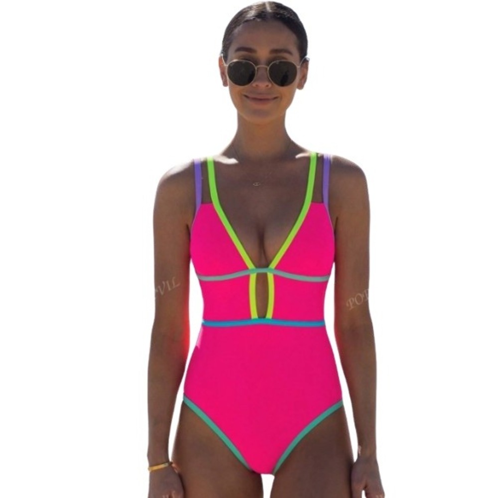 Popvil Multicolored Bandage Design No Vacation One Piece Swimsuit Size XL NWT
